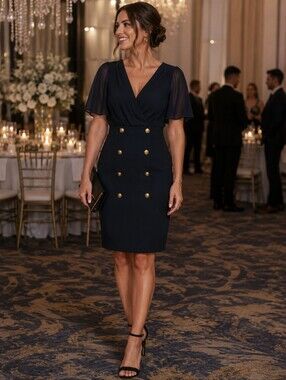 Joseph Ribkoff Navy Dress with Gold Buttons